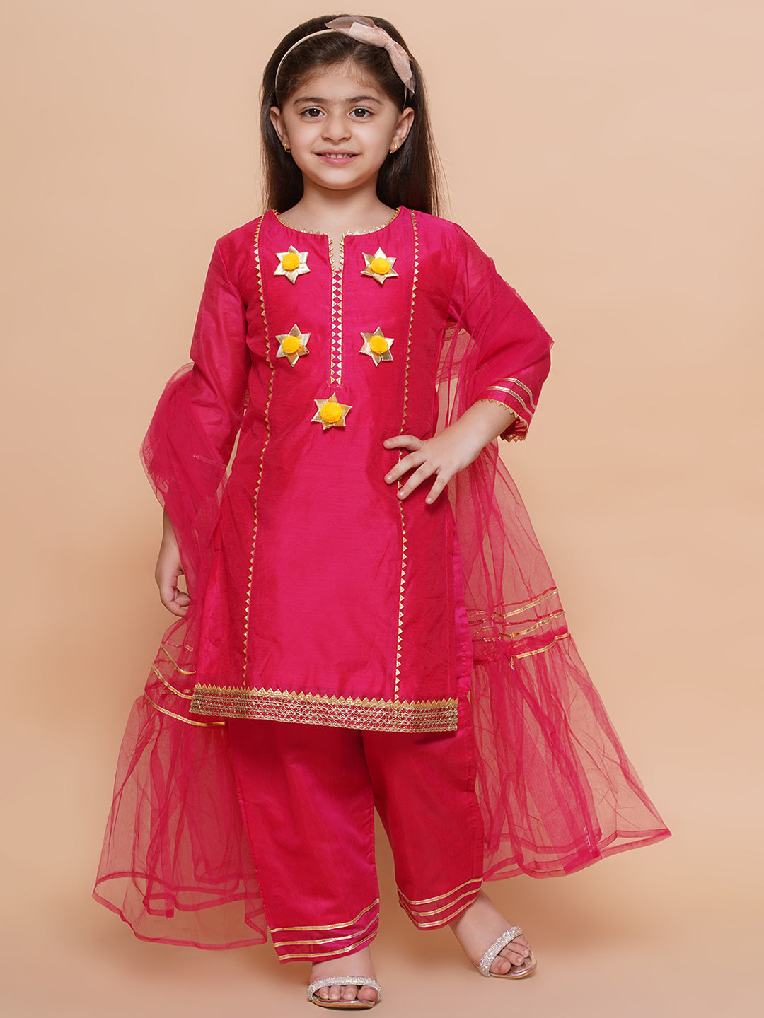 UC Silk Woven Three Fourth Sleeves Embellished Kurta & Plazzo with Dupatta Set