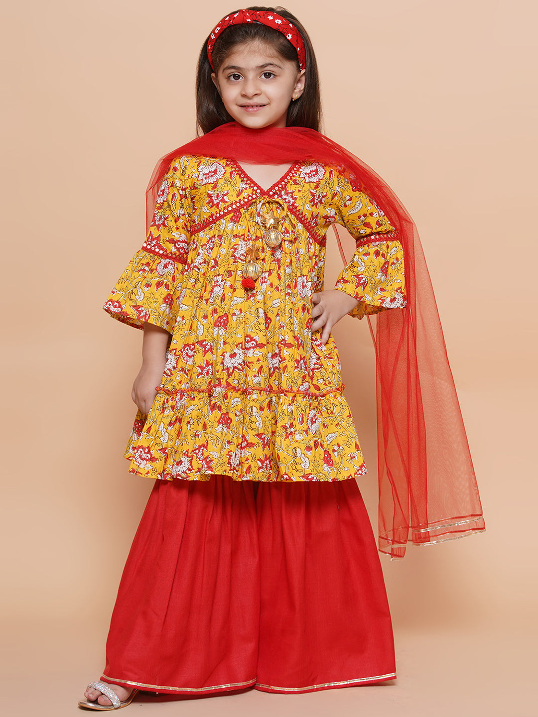 UC Cotton Woven Three Fourth Sleeves Floral printed Lace Embellished Kurta & Garara with Dupatta Set