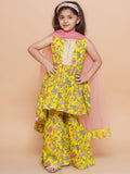 UC Cotton Woven Sleeveless Floral printed Lace Embellished Kurta & Garara with Dupatta and Purse Set