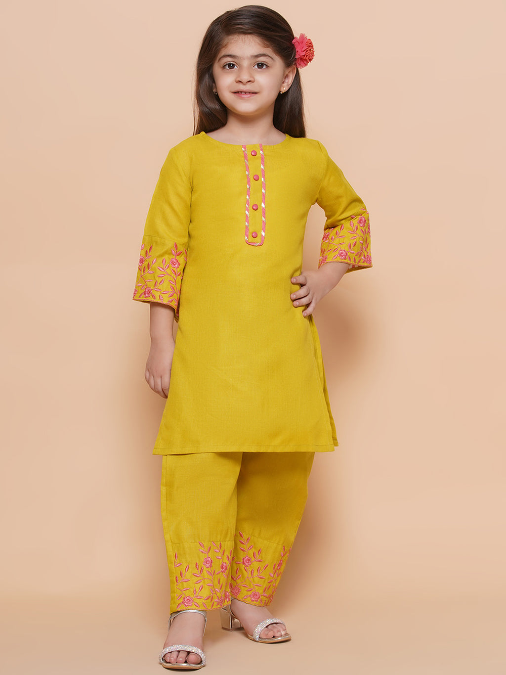 UC Cotton Woven Three Fourth Sleeves Solid Embroidered Kurta & Plazzoo Set
