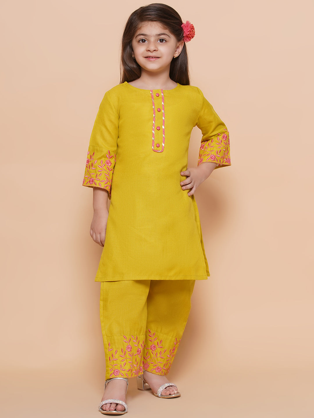 UC Cotton Woven Three Fourth Sleeves Solid Embroidered Kurta & Plazzoo Set