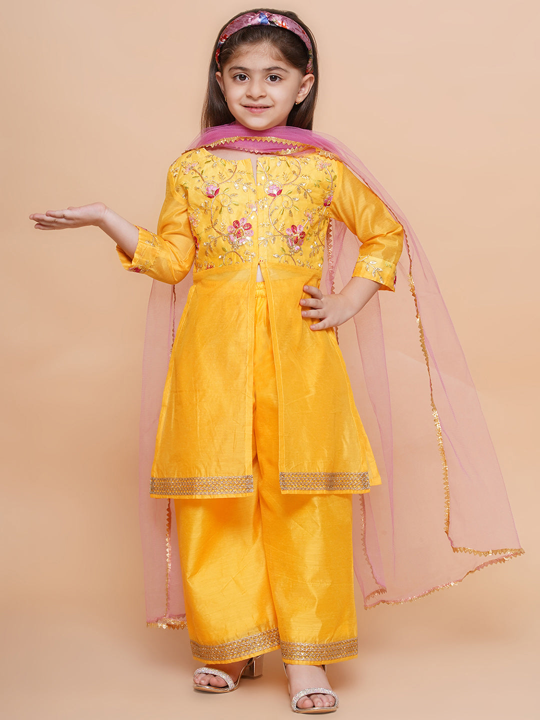 UC Silk woven Three Fourth Sleeves Embroidered Kurta & Sharara with Dupatta Set
