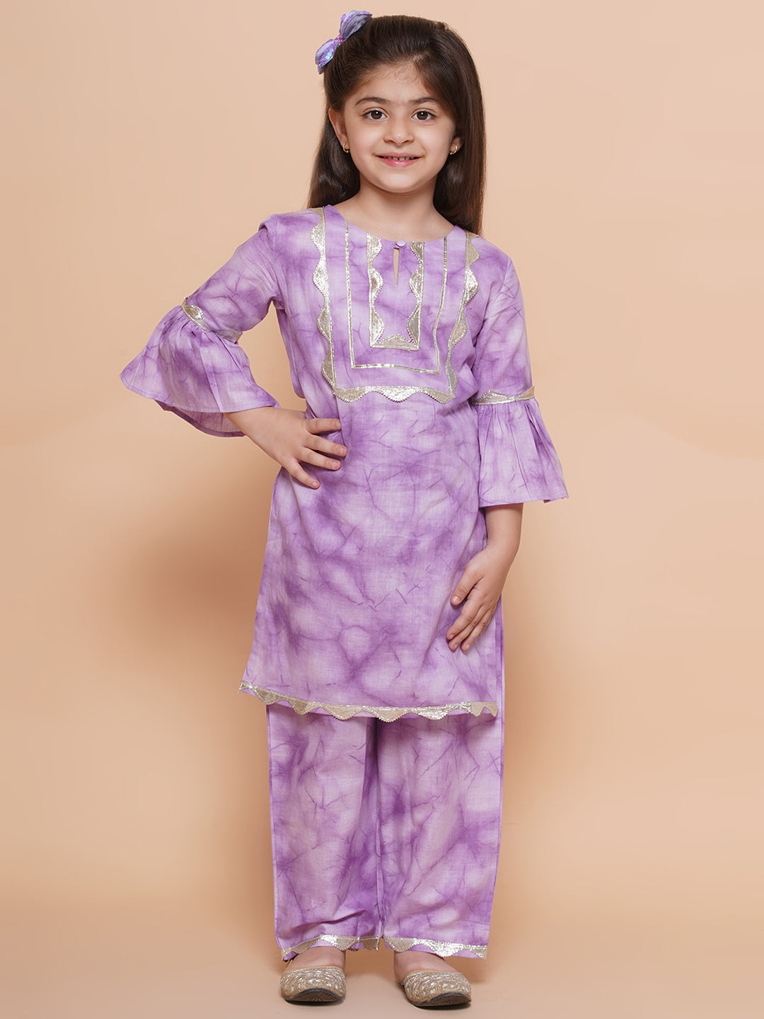 UC Cotton Woven Three Fourth Sleeves Tie Dye Printed Lace Embellished Kurta & Plazzoo Set
