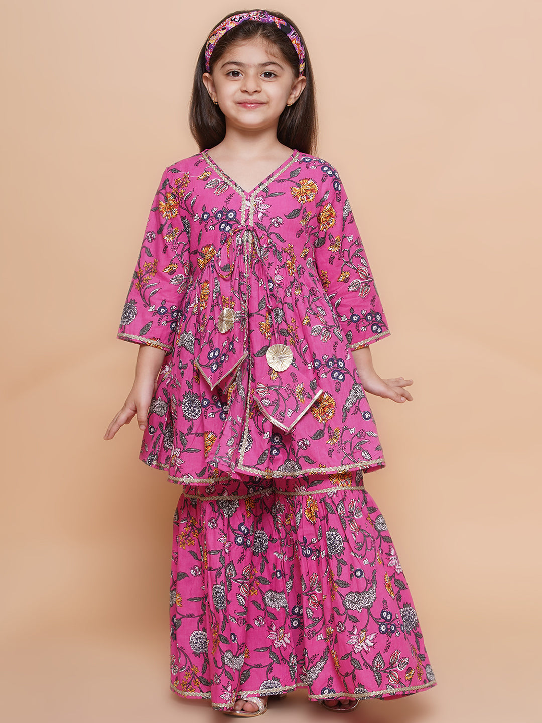 UC Cotton woven Three Fourth Sleeves Floral Printed Lace Embellished Kurta & Garara Set