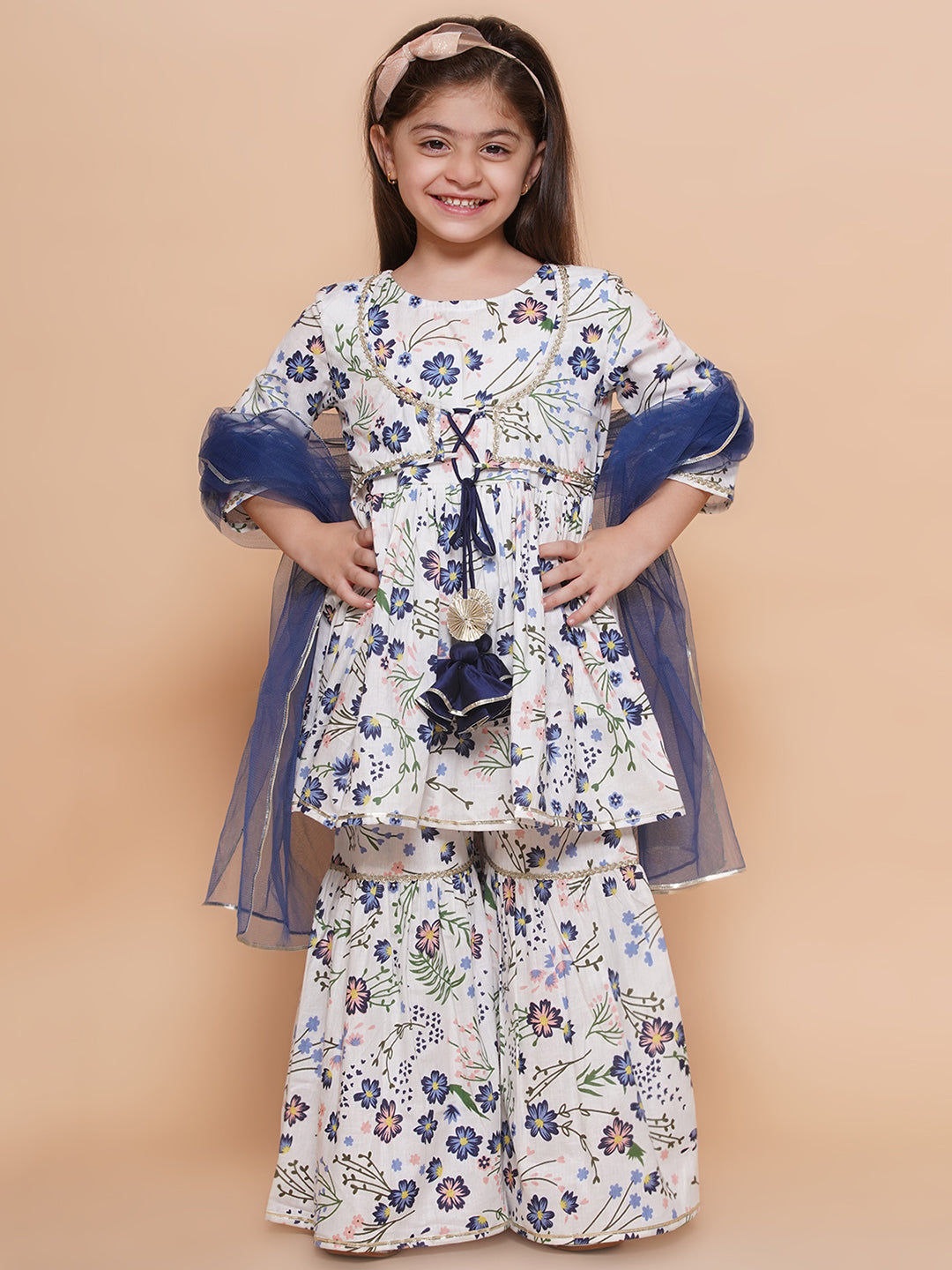 UC Cotton woven Three Fourth Sleeves Floral Printed Lace Embellished Kurta & Garara with Dupatta Set