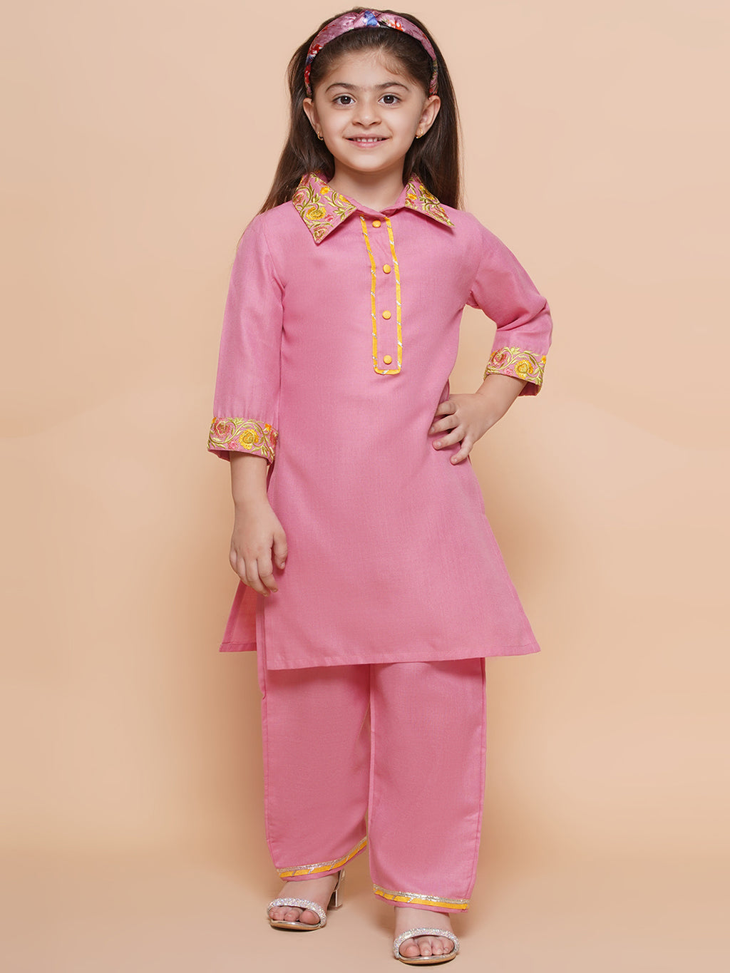 UC Cotton Woven Three Fourth Sleeves Solid Embroidered Kurta & Plazzoo Set