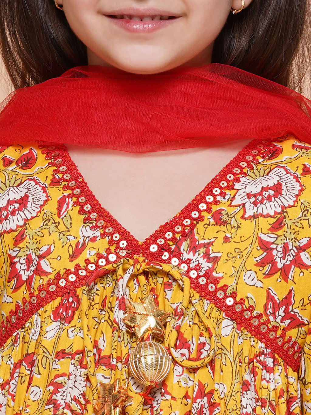 UC Cotton Woven Three Fourth Sleeves Floral printed Lace Embellished Kurta & Garara with Dupatta Set