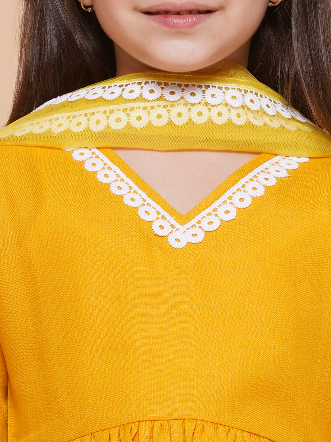 UC Cotton Woven Three Fourth Sleeves Lace Embellished Kurta & Plazzoo with Dupatta Set