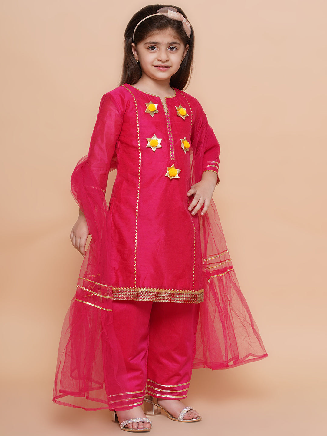 UC Silk Woven Three Fourth Sleeves Embellished Kurta & Plazzo with Dupatta Set
