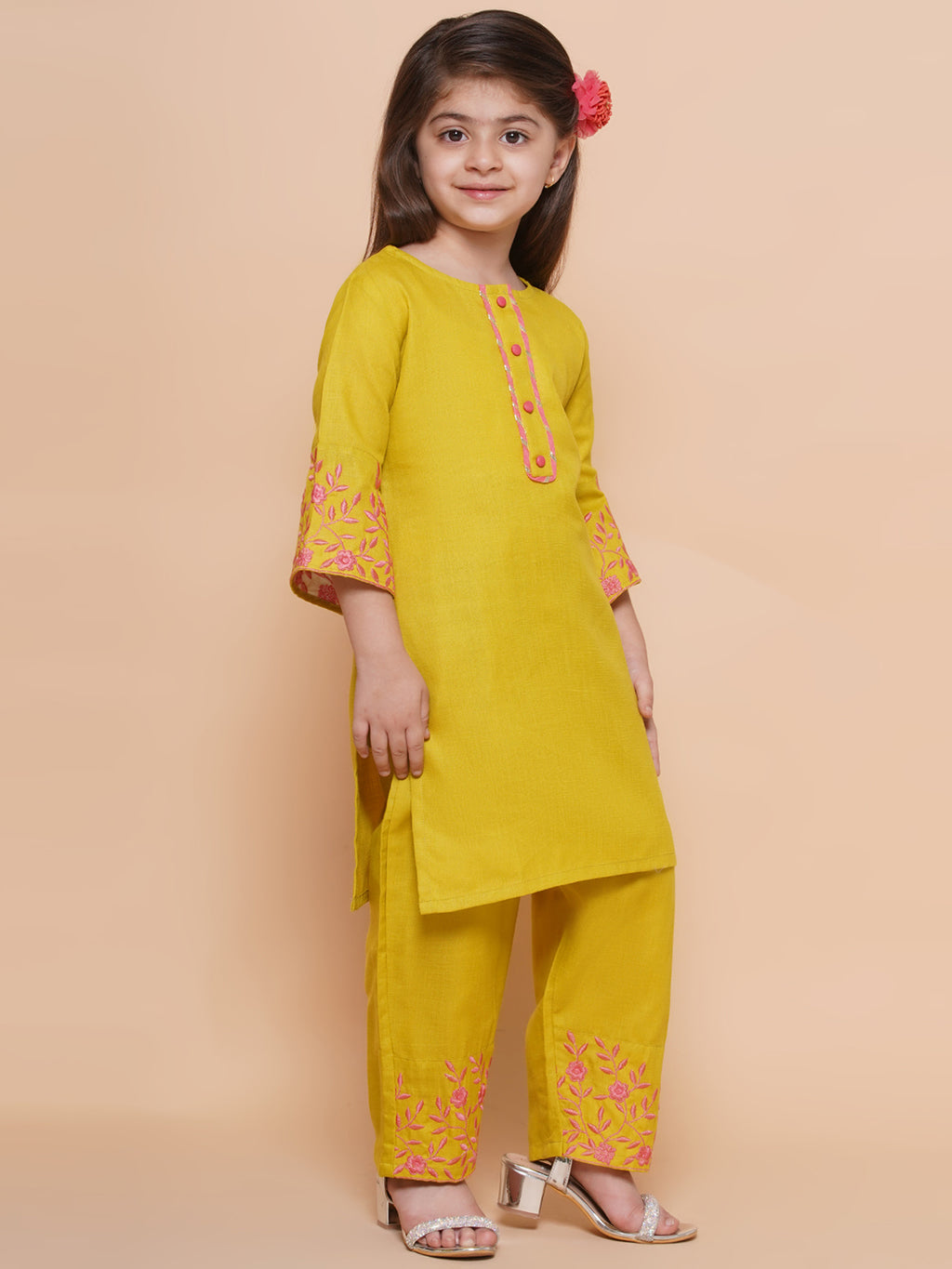 UC Cotton Woven Three Fourth Sleeves Solid Embroidered Kurta & Plazzoo Set