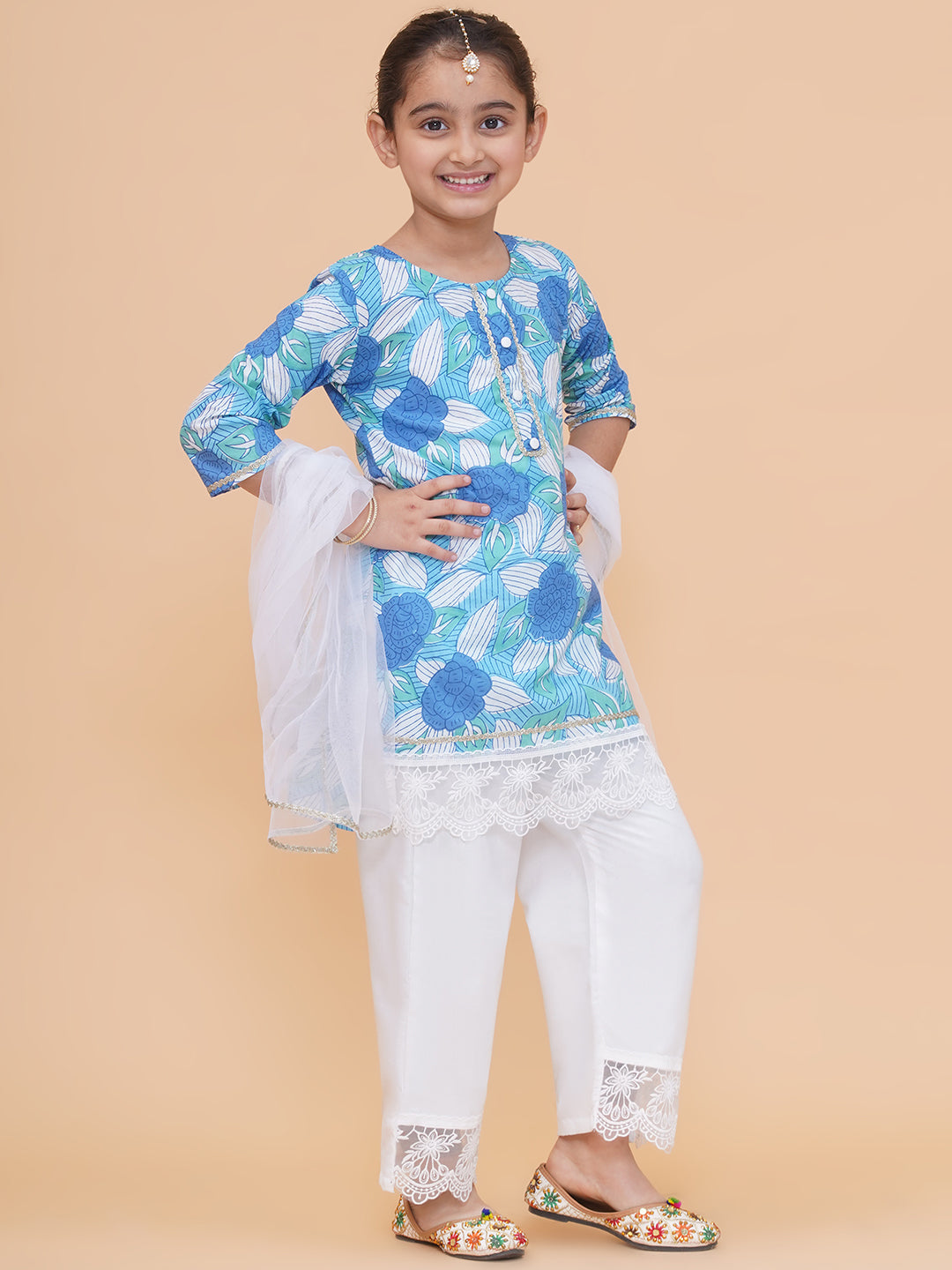 UC Printed Sky Blue &White Kurta & Plazzo with Dupatta