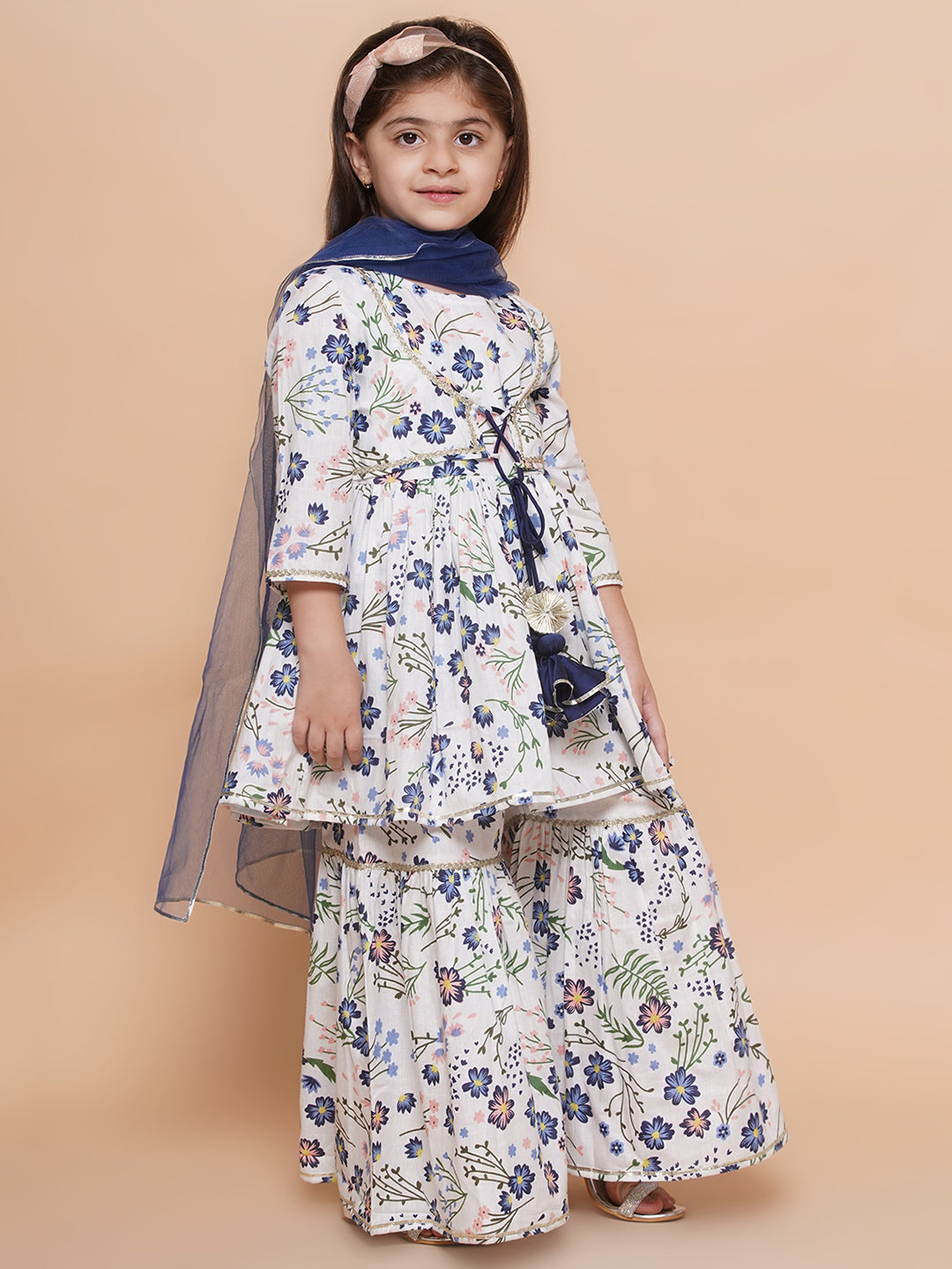 UC Cotton woven Three Fourth Sleeves Floral Printed Lace Embellished Kurta & Garara with Dupatta Set