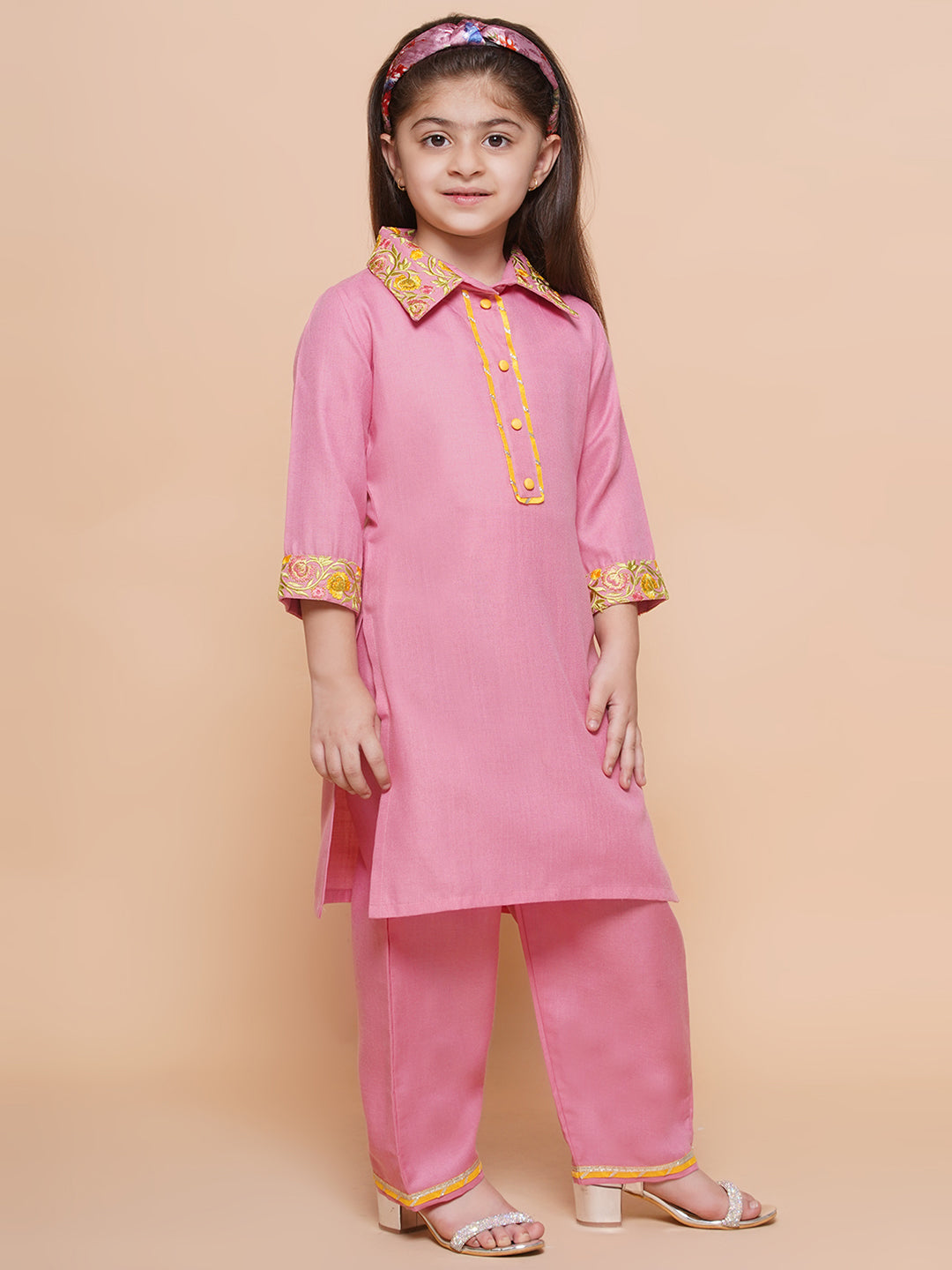 UC Cotton Woven Three Fourth Sleeves Solid Embroidered Kurta & Plazzoo Set