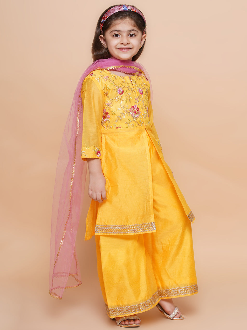 UC Silk woven Three Fourth Sleeves Embroidered Kurta & Sharara with Dupatta Set
