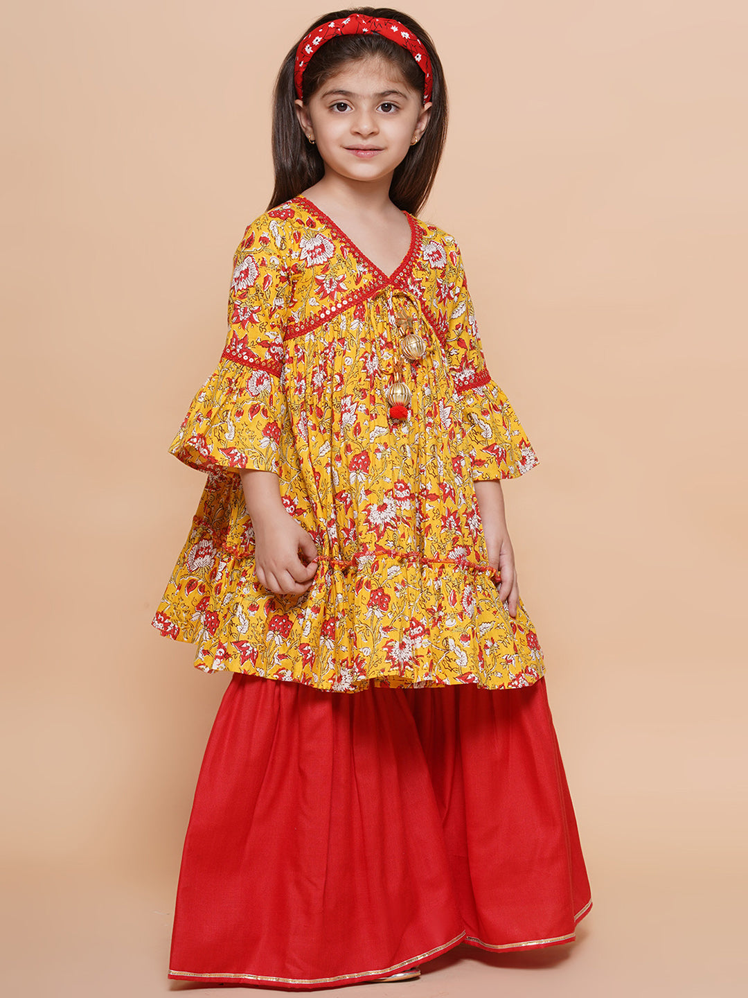 UC Cotton Woven Three Fourth Sleeves Floral printed Lace Embellished Kurta & Garara with Dupatta Set