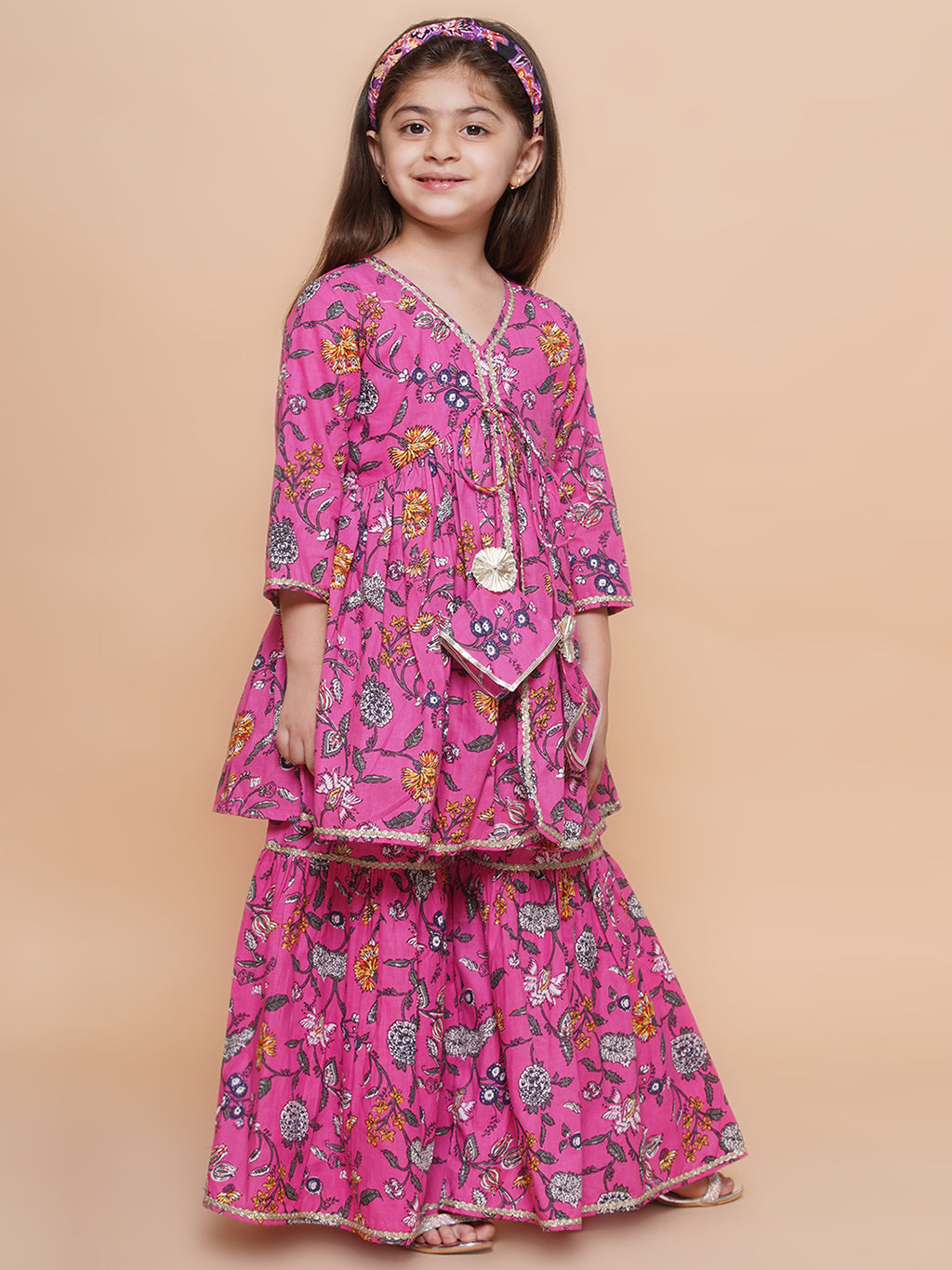 UC Cotton woven Three Fourth Sleeves Floral Printed Lace Embellished Kurta & Garara Set