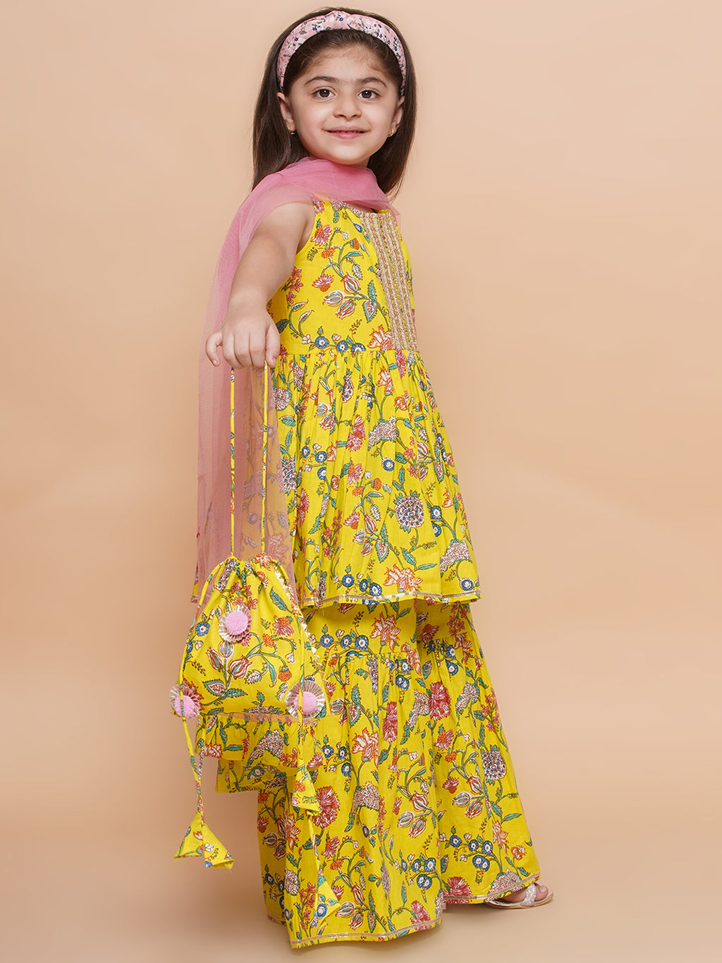 UC Cotton Woven Sleeveless Floral printed Lace Embellished Kurta & Garara with Dupatta and Purse Set