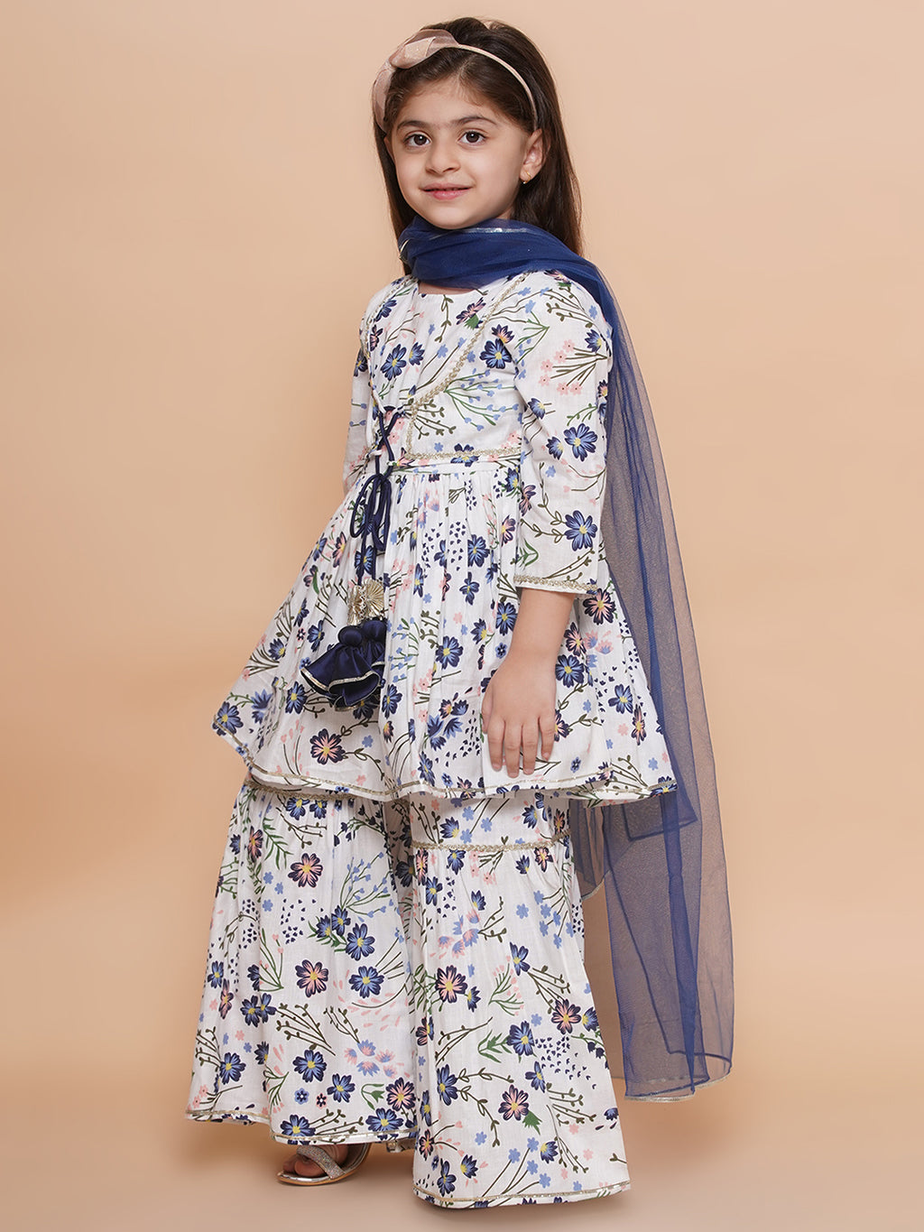 UC Cotton woven Three Fourth Sleeves Floral Printed Lace Embellished Kurta & Garara with Dupatta Set
