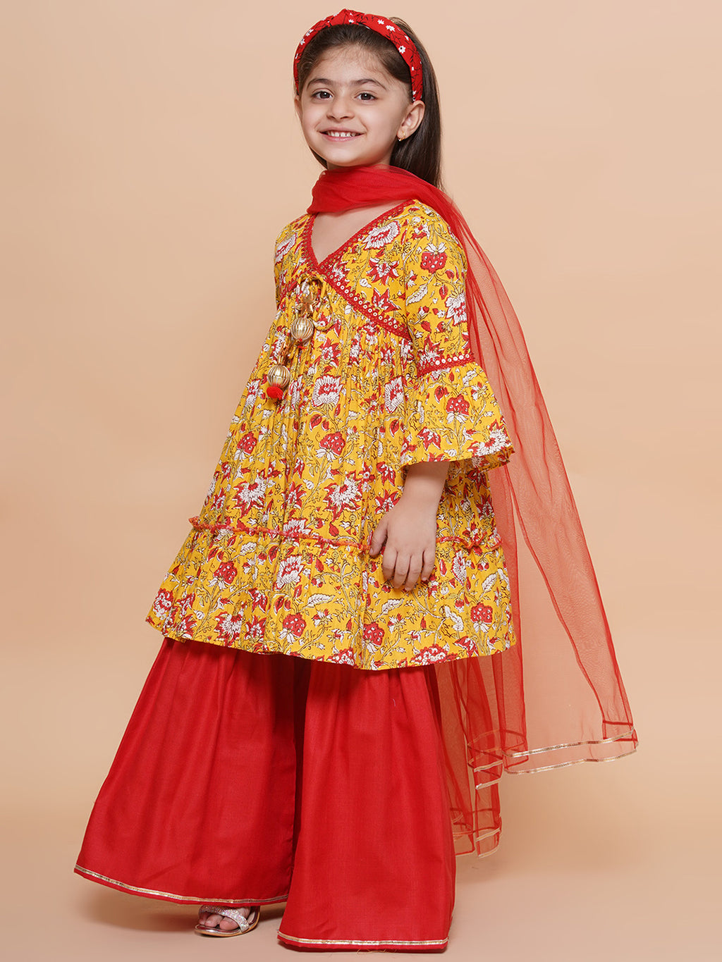 UC Cotton Woven Three Fourth Sleeves Floral printed Lace Embellished Kurta & Garara with Dupatta Set