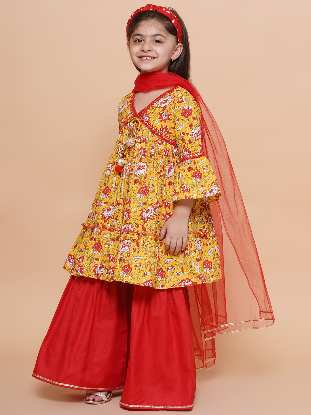 UC Cotton Woven Three Fourth Sleeves Floral printed Lace Embellished Kurta & Garara with Dupatta Set
