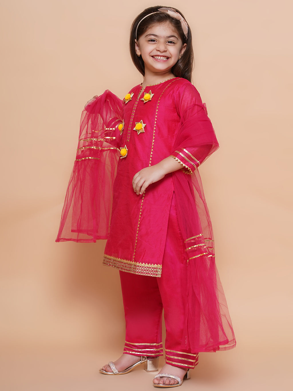 UC Silk Woven Three Fourth Sleeves Embellished Kurta & Plazzo with Dupatta Set