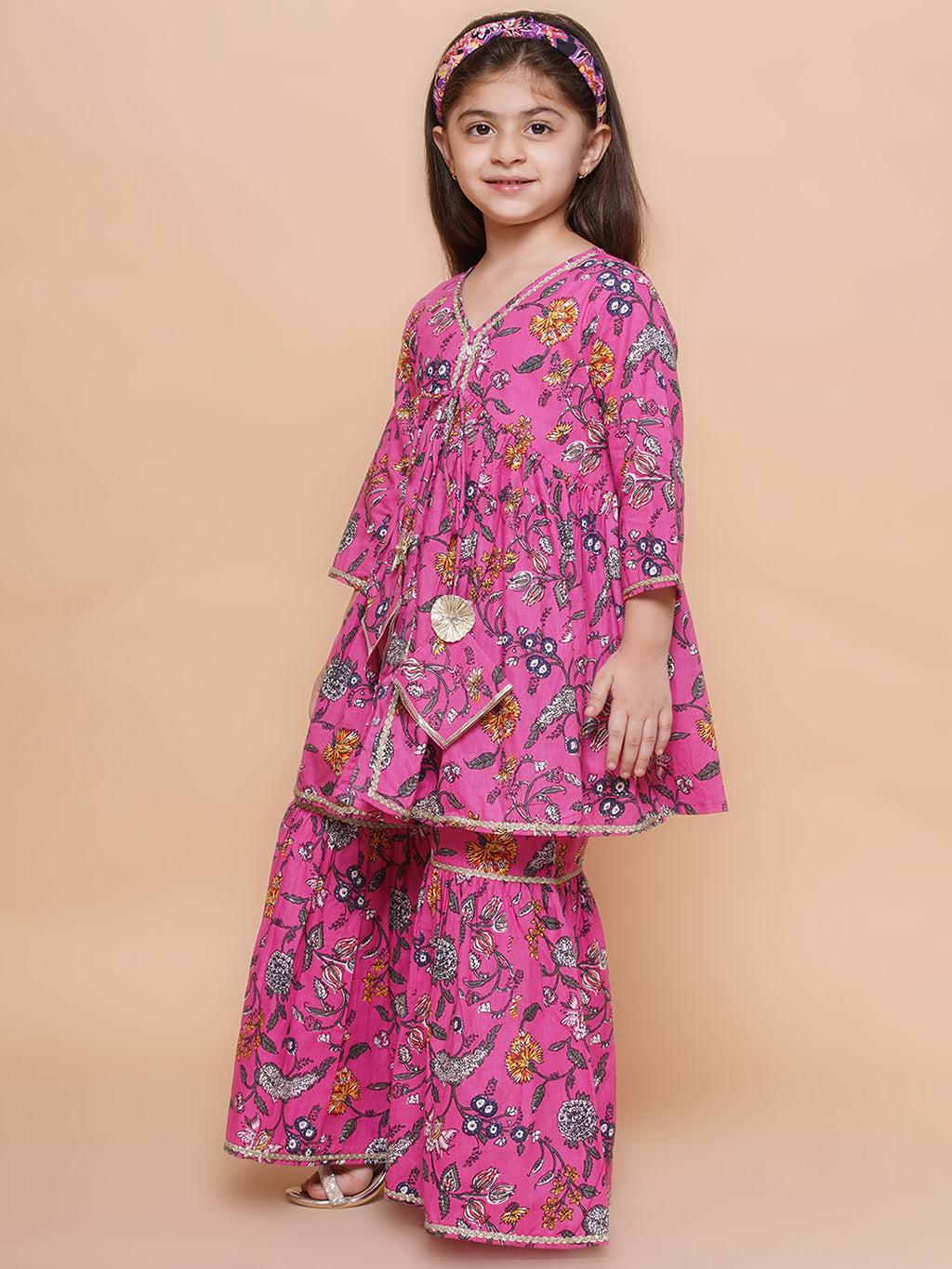 UC Cotton woven Three Fourth Sleeves Floral Printed Lace Embellished Kurta & Garara Set