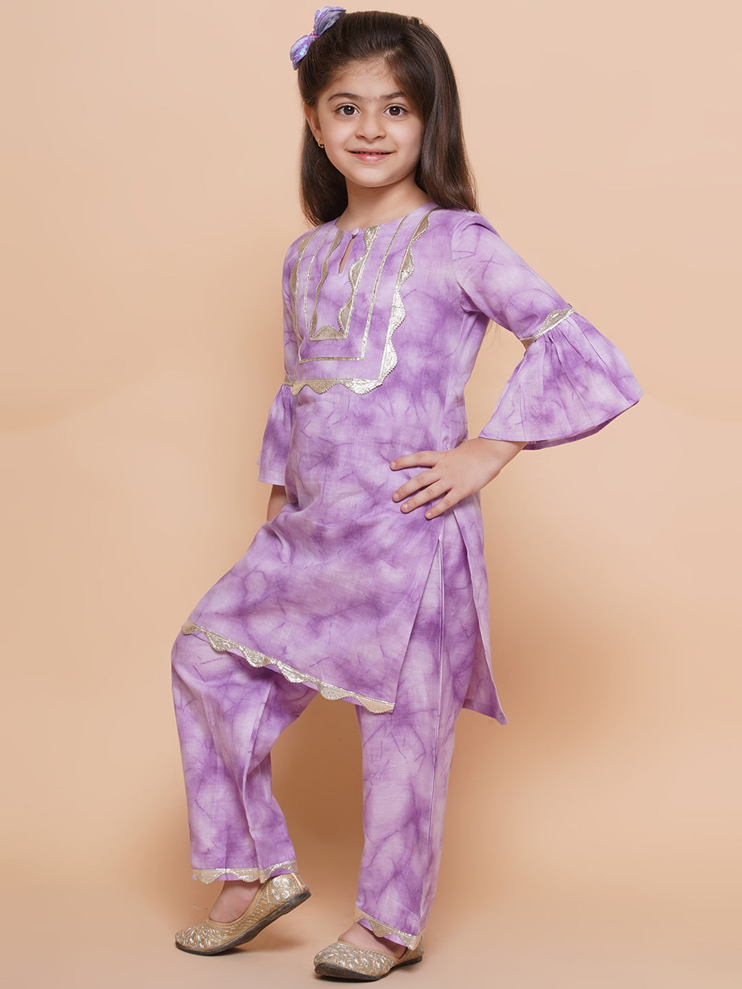 UC Cotton Woven Three Fourth Sleeves Tie Dye Printed Lace Embellished Kurta & Plazzoo Set