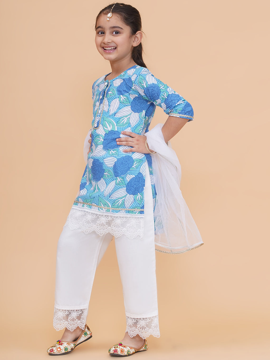 UC Printed Sky Blue &White Kurta & Plazzo with Dupatta