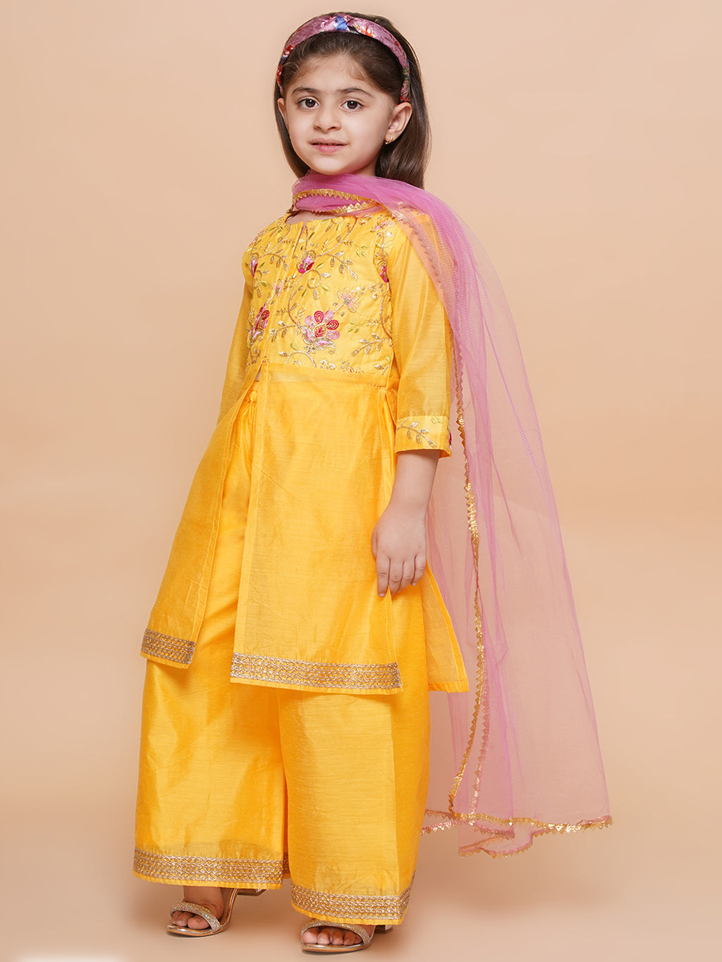 UC Silk woven Three Fourth Sleeves Embroidered Kurta & Sharara with Dupatta Set