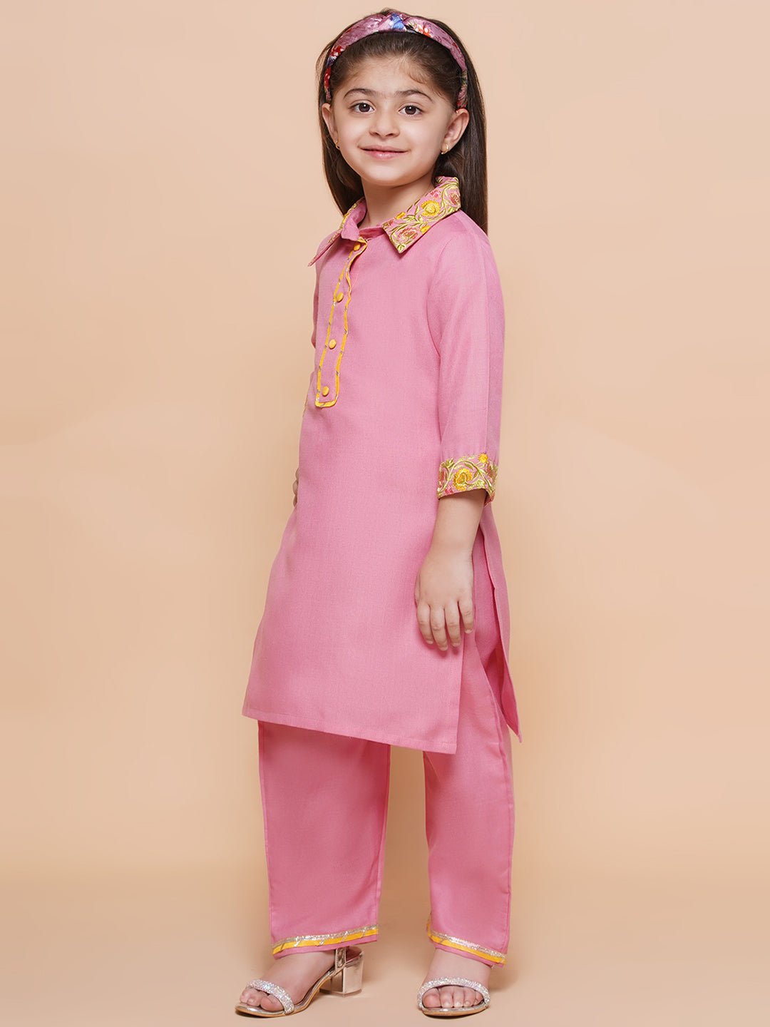 UC Cotton Woven Three Fourth Sleeves Solid Embroidered Kurta & Plazzoo Set