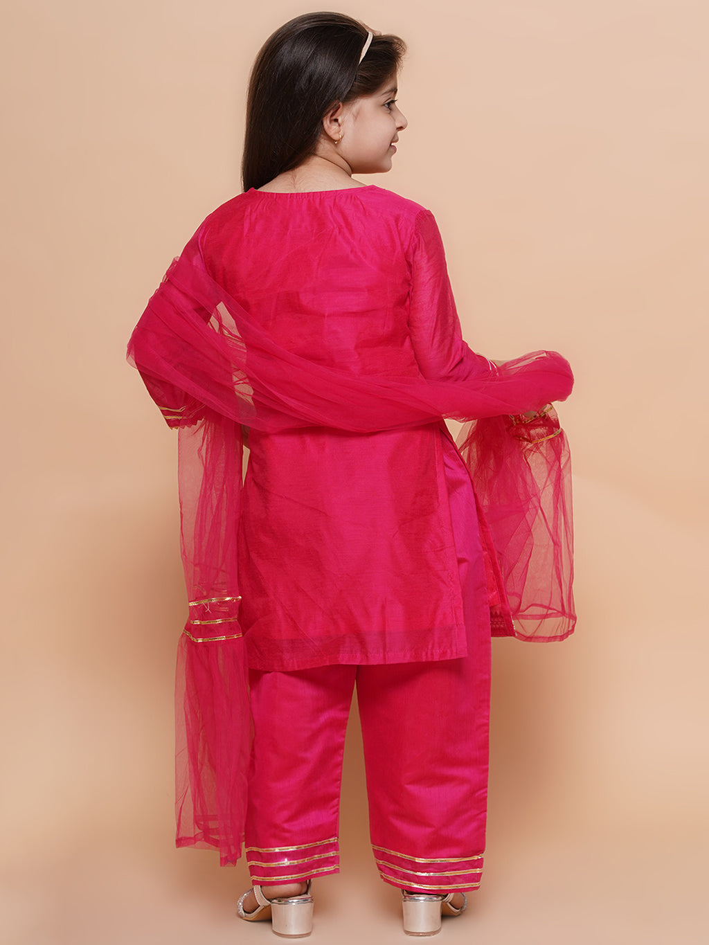 UC Silk Woven Three Fourth Sleeves Embellished Kurta & Plazzo with Dupatta Set