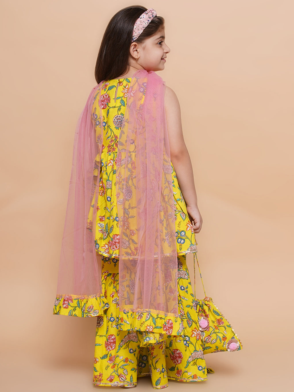 UC Cotton Woven Sleeveless Floral printed Lace Embellished Kurta & Garara with Dupatta and Purse Set