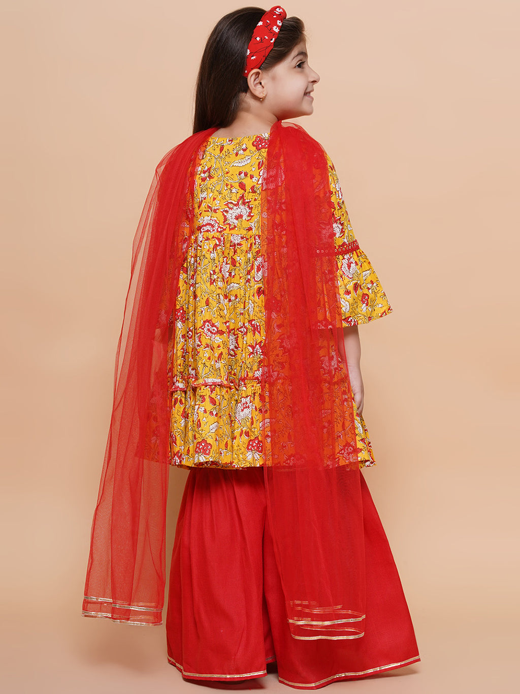 UC Cotton Woven Three Fourth Sleeves Floral printed Lace Embellished Kurta & Garara with Dupatta Set