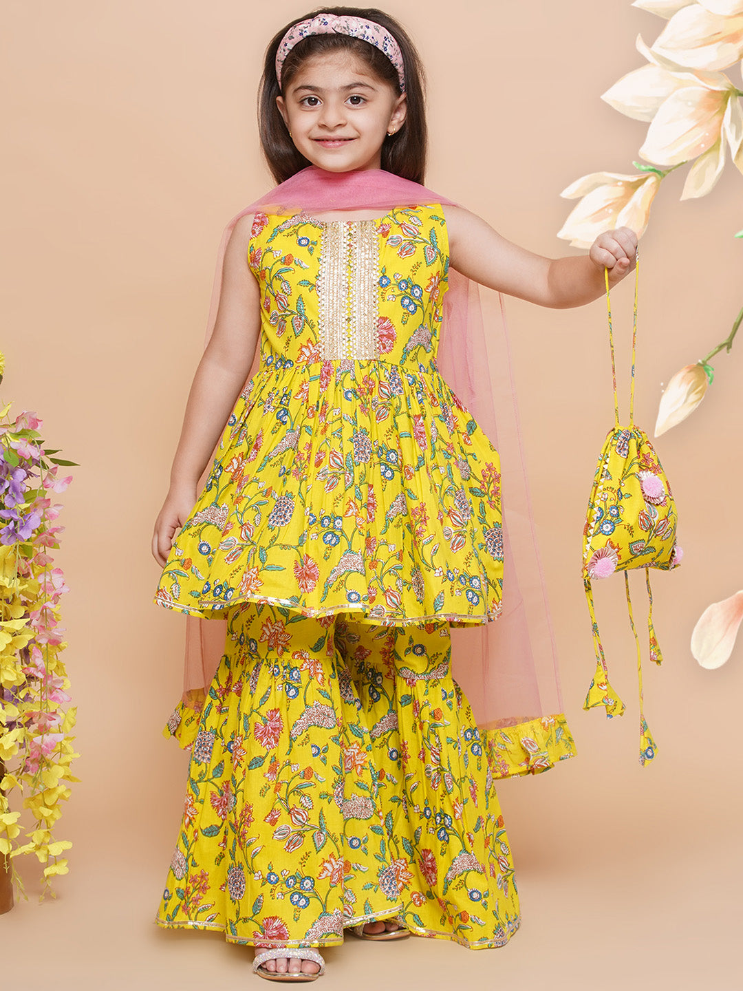 UC Cotton Woven Sleeveless Floral printed Lace Embellished Kurta & Garara with Dupatta and Purse Set