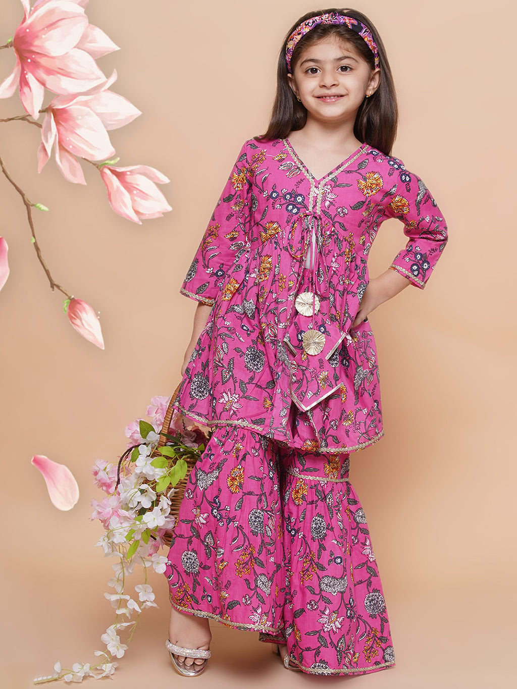UC Cotton woven Three Fourth Sleeves Floral Printed Lace Embellished Kurta & Garara Set