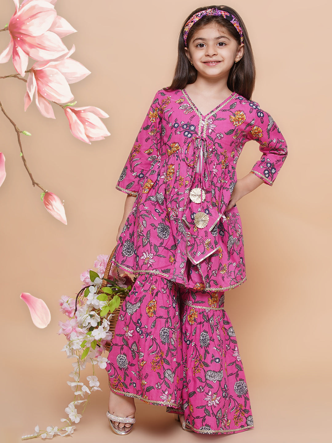 UC Cotton woven Three Fourth Sleeves Floral Printed Lace Embellished Kurta & Garara Set