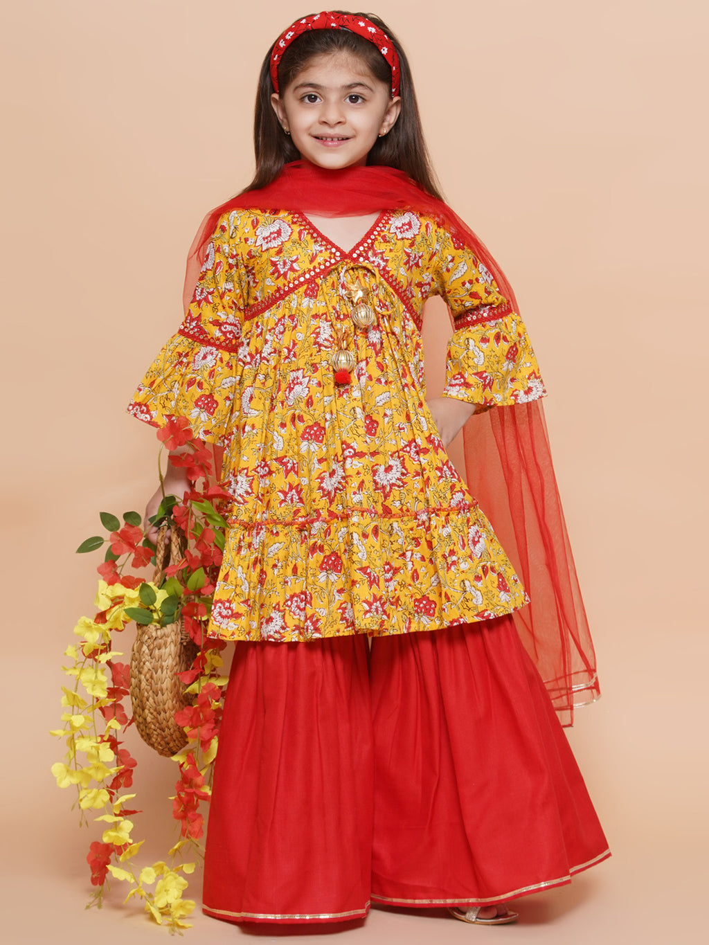 UC Cotton Woven Three Fourth Sleeves Floral printed Lace Embellished Kurta & Garara with Dupatta Set