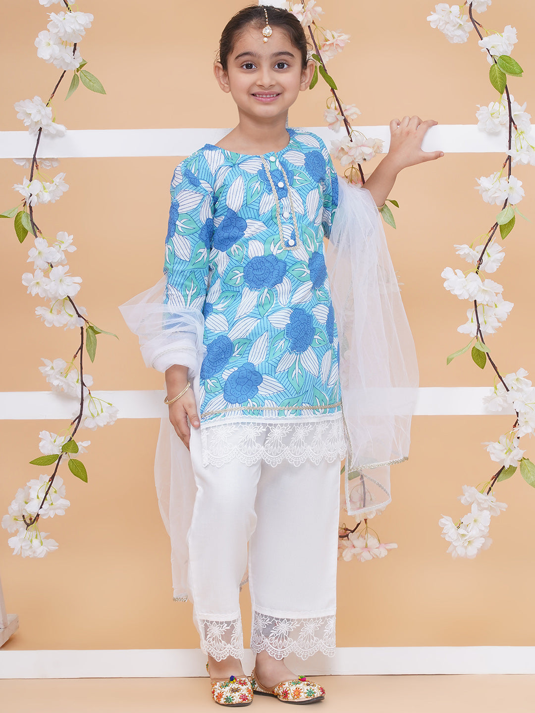 UC Printed Sky Blue &White Kurta & Plazzo with Dupatta