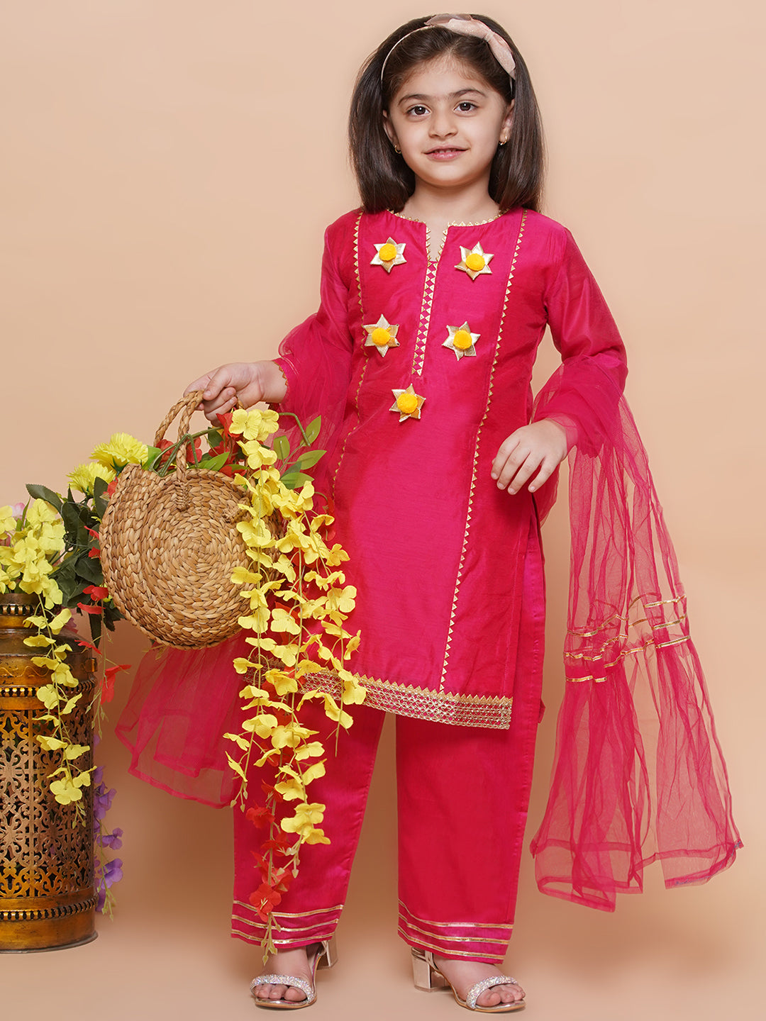UC Silk Woven Three Fourth Sleeves Embellished Kurta & Plazzo with Dupatta Set