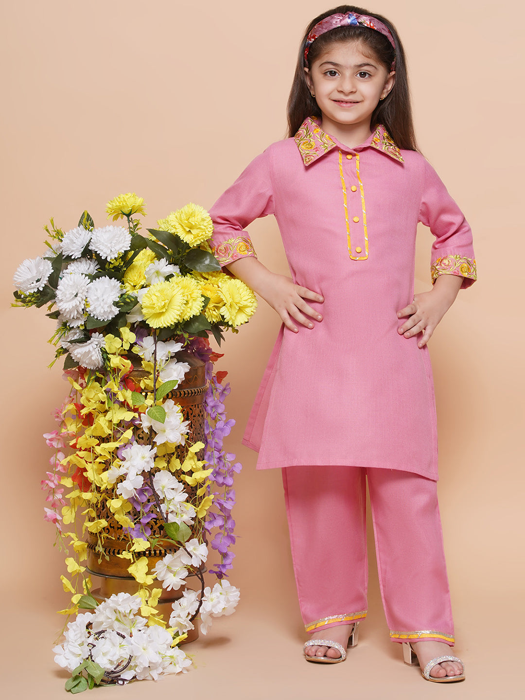UC Cotton Woven Three Fourth Sleeves Solid Embroidered Kurta & Plazzoo Set