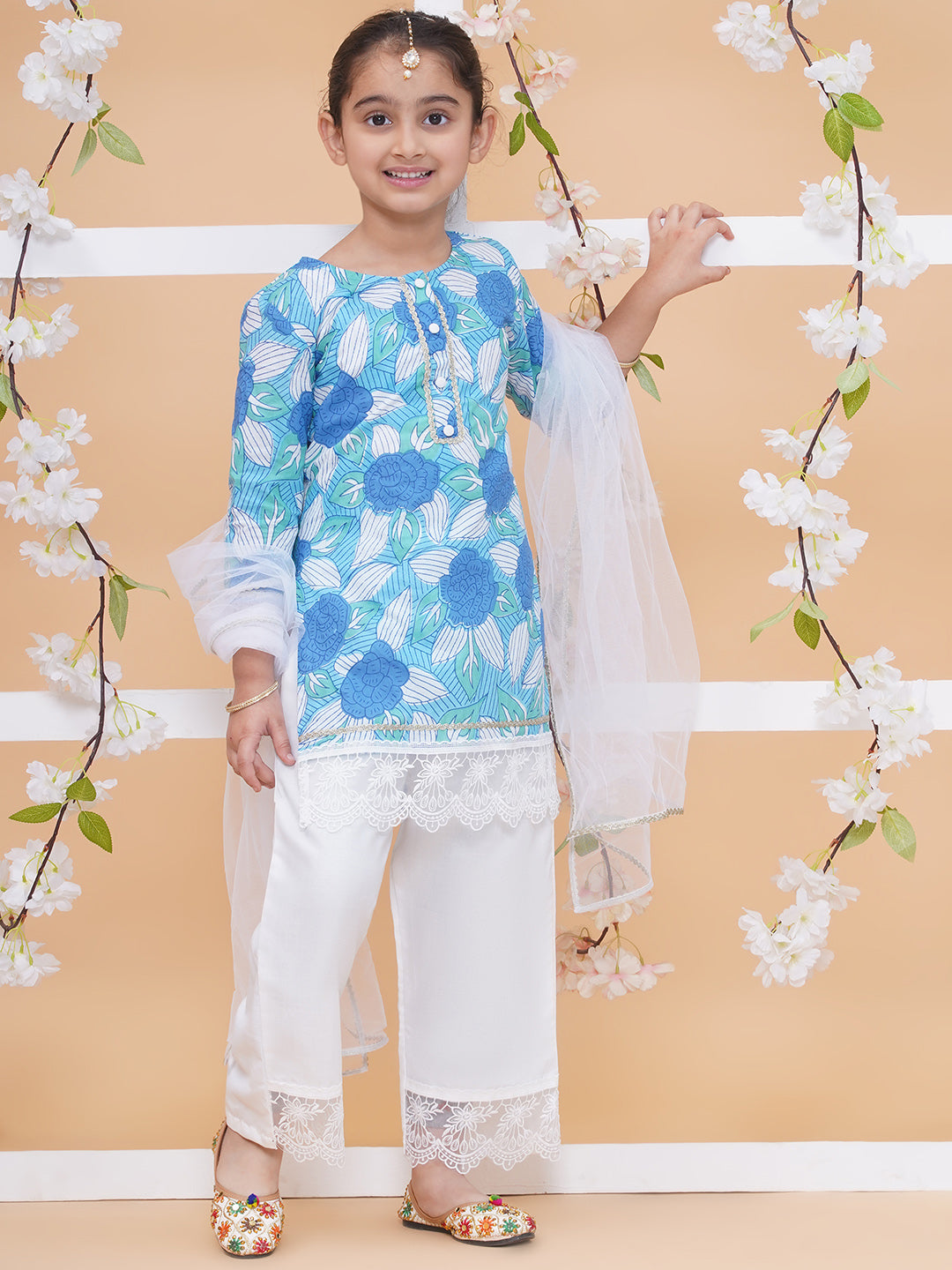 UC Printed Sky Blue &White Kurta & Plazzo with Dupatta