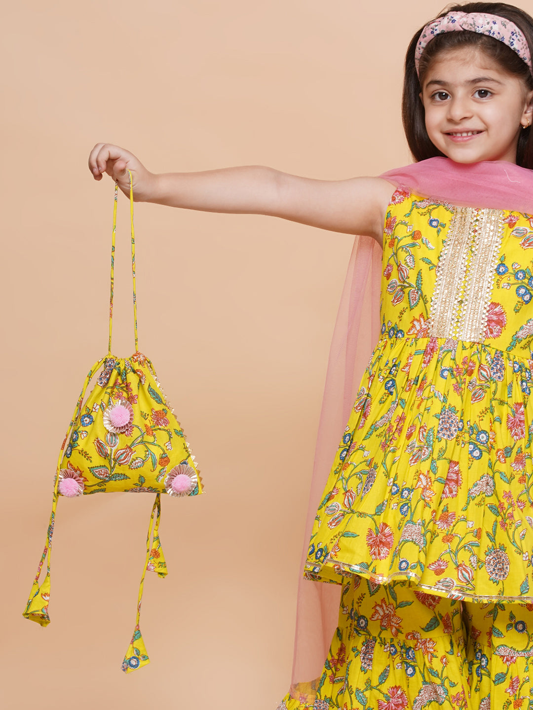 UC Cotton Woven Sleeveless Floral printed Lace Embellished Kurta & Garara with Dupatta and Purse Set